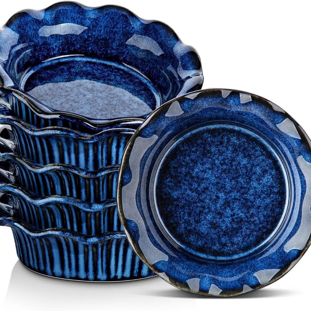 Mini Pie Pans Set of 6, 5.2 Inch Ceramic Deep Dish Pie Plates with Ruffled Edge
